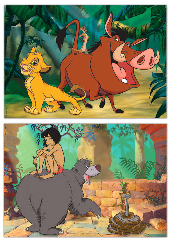 Puzzle 2 x 16 el. Król Lew / Księga dżungli (drewniane)