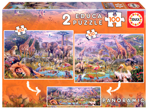 Puzzle 2 x 100 el. Dzikie zwierzęta (panorama)