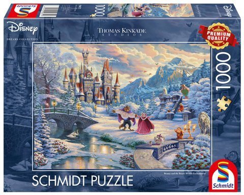 puzzle 1000 elementów z zimowym widokiem na zamek i Piękną i Bestię