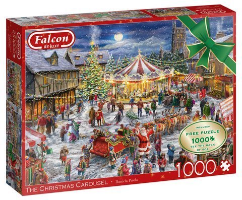 puzzle 1000 elementów ze św. Mikołajem, saniami, choinką i karuzelą