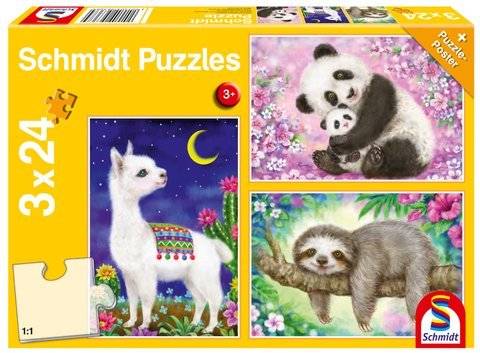 Puzzle 3 x 24 el. Panda, leniwiec, lama