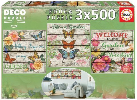 Puzzle 3 x 500 el. Kwiaty i motyle