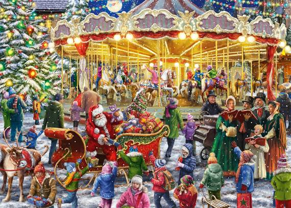 puzzle 1000 elementów z św. Mikołajem rozdającym prezenty z sań, dziećmi, choinką i karuzelą