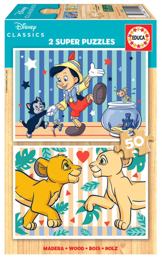 Puzzle 2 x 50 el. Pinokio / Król Lew (drewniane)