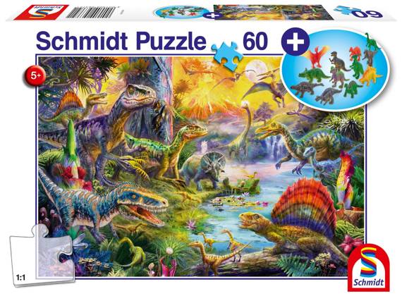 Puzzle 60 el. Dinozaury + zestaw figurek